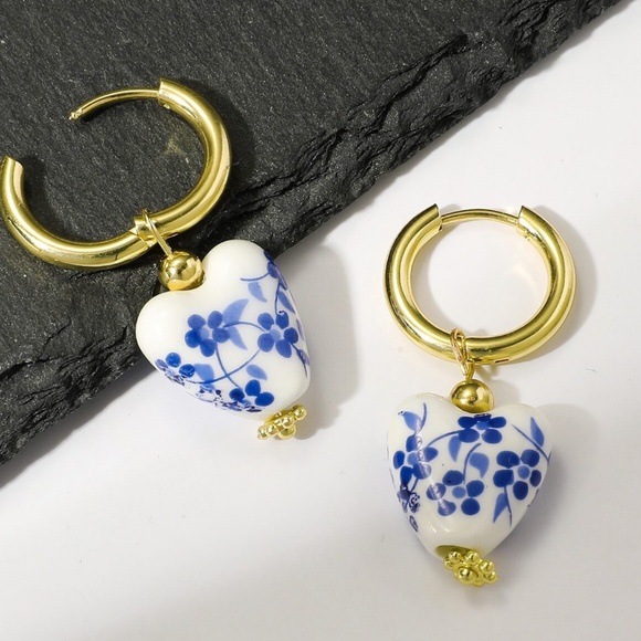 Stainless Steel Floral Ceramic Heart Drop Earrings
